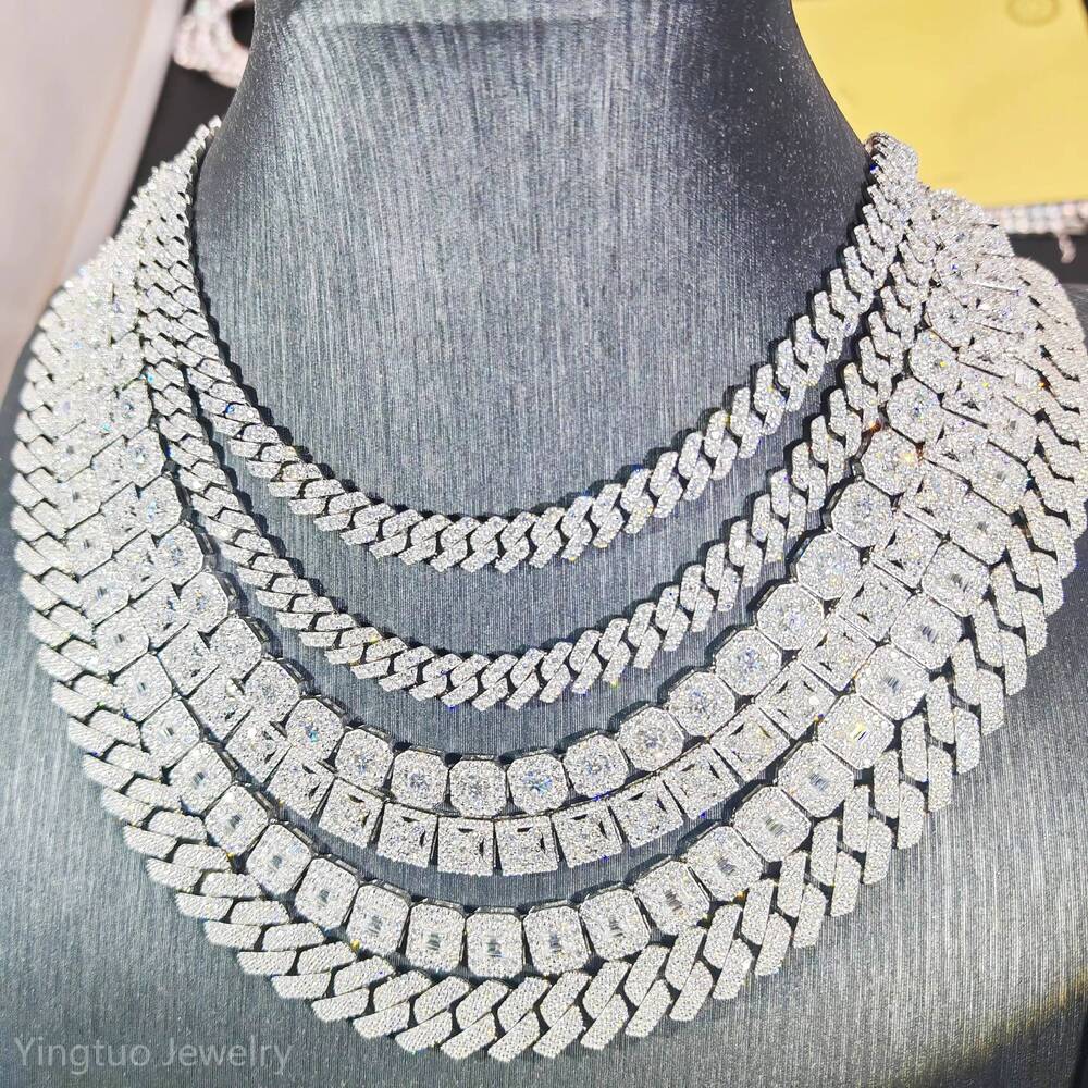 925 Silver Ice Cut D VVS Moissanite Tennis Chain Necklace Bracelet Hiphop Cuban Link Chain with GRA Certification