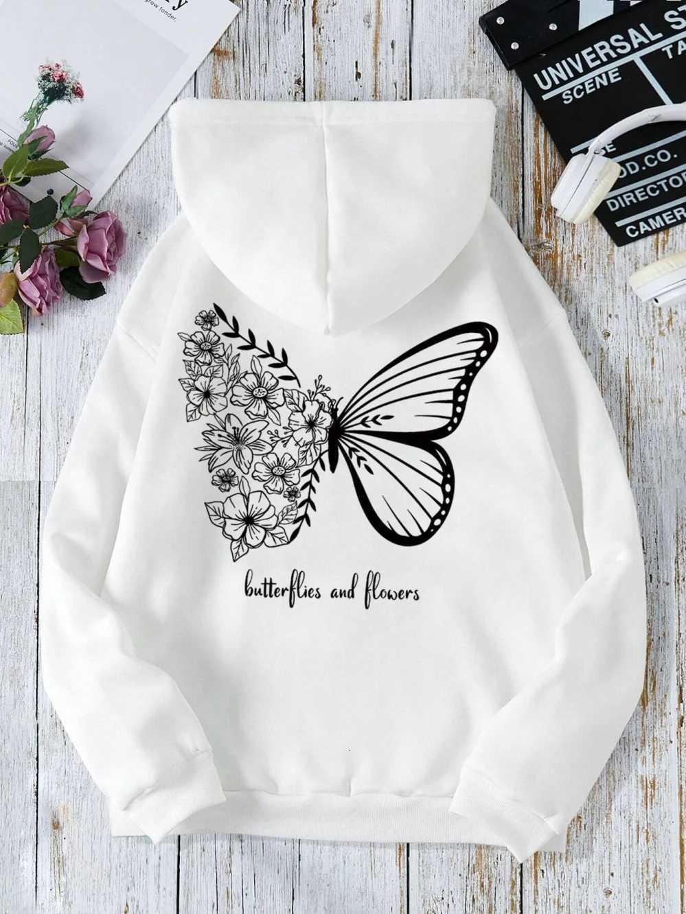 Butterflies and Flowers Simple Style Women Hoodies Fashion Crewneck Sweatshirt Casual Oversize Hoodie Autumn Face Sportswear XJ250717