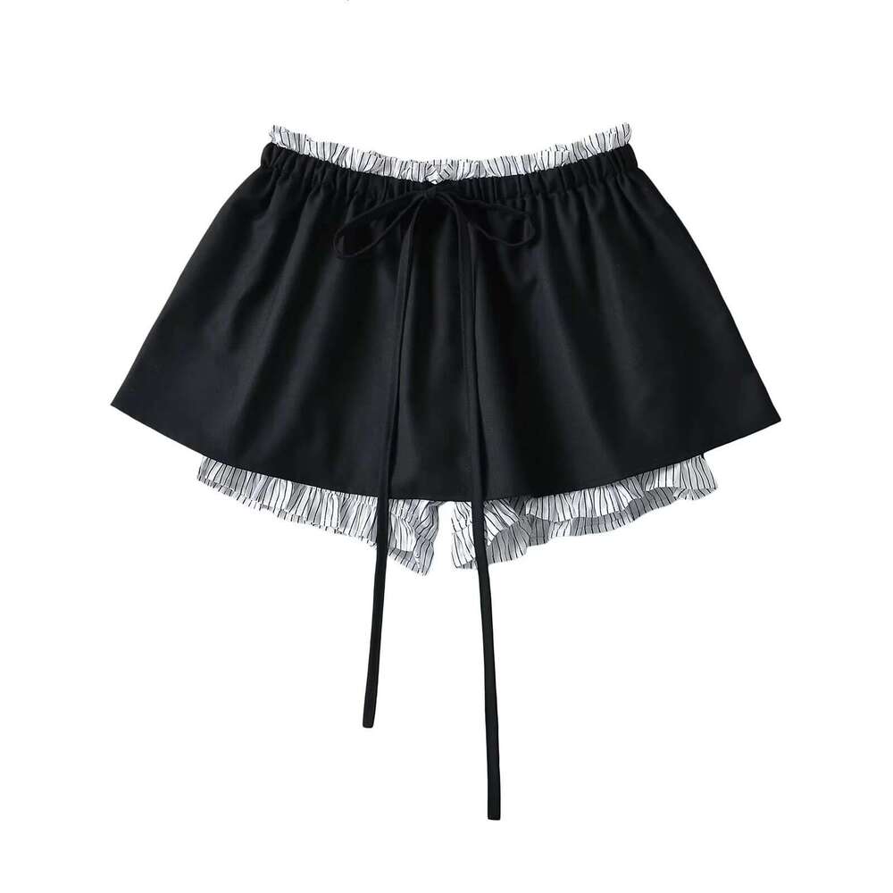 Spicy Girl Color Block Fake Two-Piece Half Women Summer High Waist Slimming A-Line Fresh Style Ruffled Bow Short Skirt B5