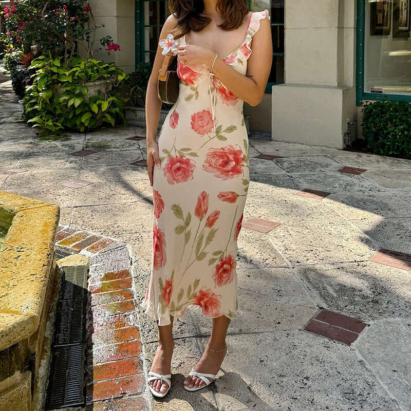 French Vacation Style Floral Print Mesh V-Neck Sexy Summer Strap Slim Long Dress B5 g5