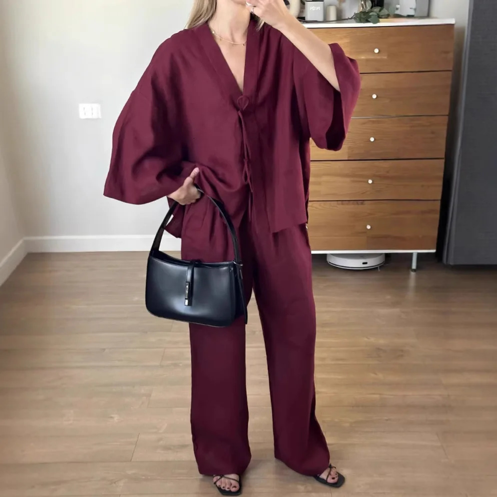 Summer Cotton Matching Sets 3/4 Sleeve V-Neck Blouse Casual Trousers 2 Piece Sets Woman Fashion Street Suit Loose Outfits 250714