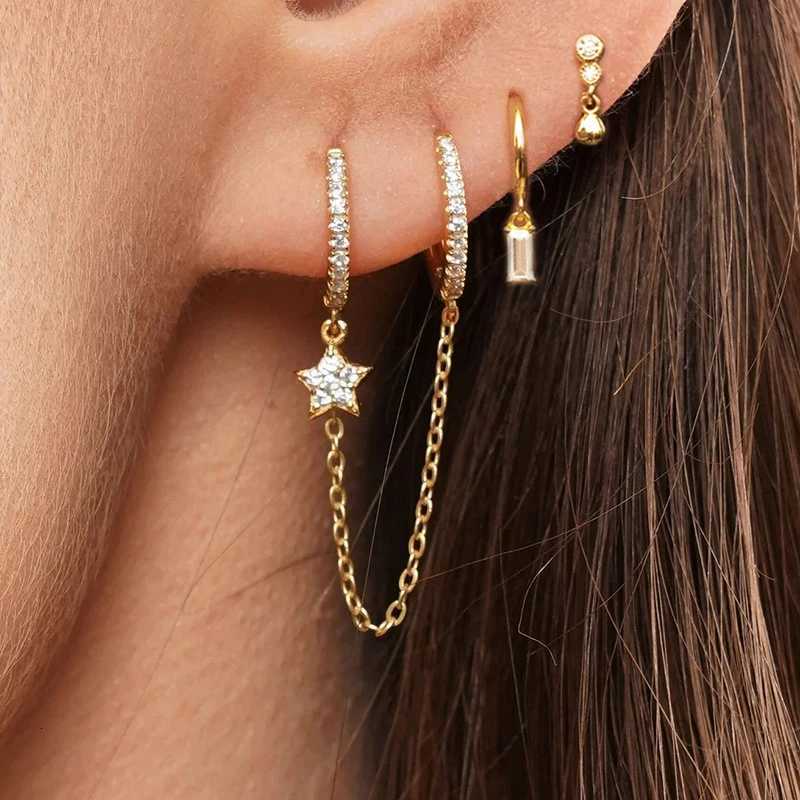 Vintage Stainless Steel Crystal Star Chain Hoop Earrings For Women Trendy Punk Pendant Square Earrings Fashion Jewelry X250718