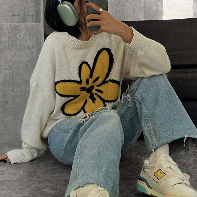 Lazy Floral Patchwork Color-Block Sweater For Women, Ins Style Loose Knitted Pullover, Round Neck Top B5