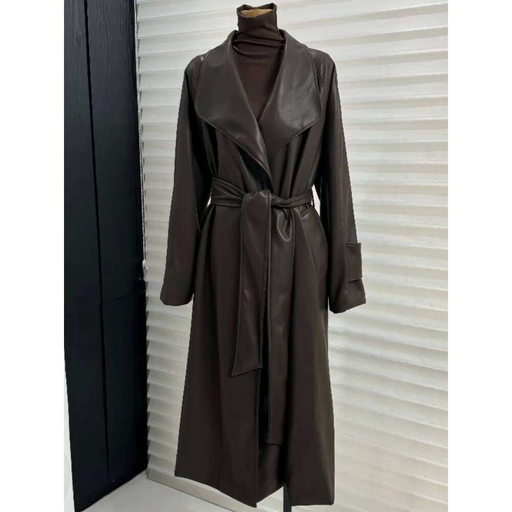 Autumn New French Style High End Suit Collar Over Knee Leather Trench Women Clothing Waist Lace Up Long Coat Winter Clothes