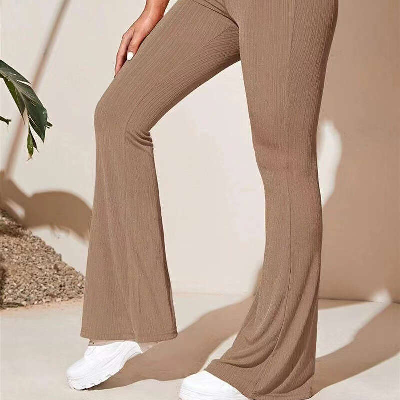 Spring New Commuter Style Women's Ribbed Fabric Mid-Stretch High-Waist Flared Wrinkled Medium Thick Long Pants B5
