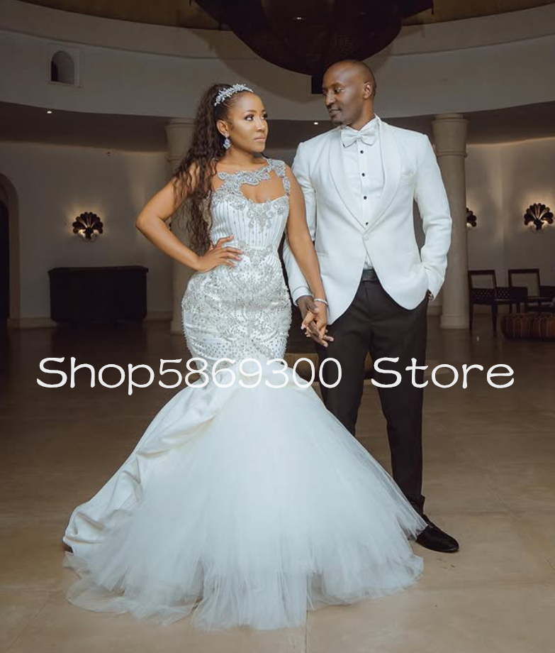 Sparkly Long Mermaid Wedding Dresses Crystal Sheer Mesh Lace-up Corset African Garden Bridal Dress Robes customsized