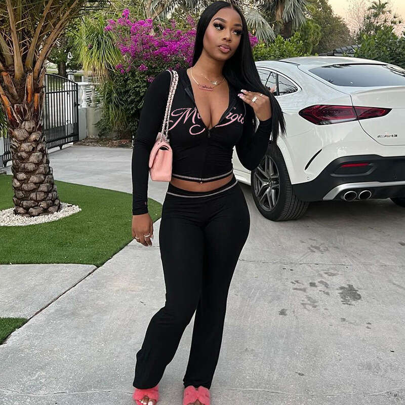 Autumn Casual Letter Print Hooded Zipper Top Slim Fit Long Pants Two-Piece Fashion Set B5