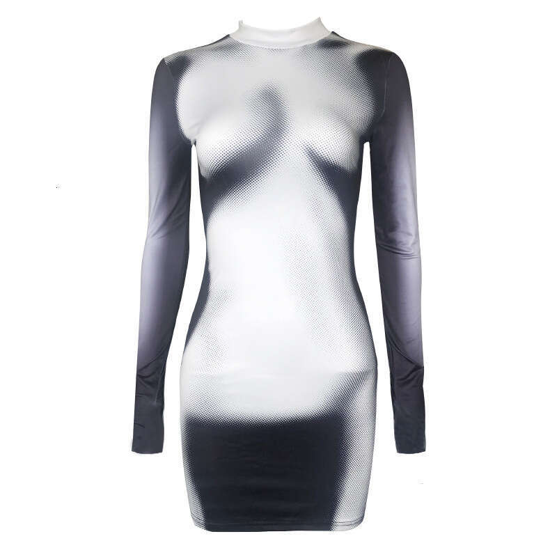 Women's Autumn New Street Half High Collar Long Sleeve Fashion Printed Bodycon Dress B5