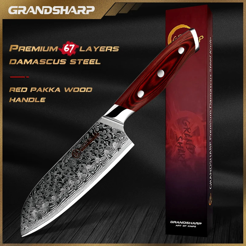 Grandsharp 5 Inch Santoku Knife Japanese Kitchen Knives Damascus Steel Chef Knife with Pakka Handle Full Tang Cooking Tools 250715