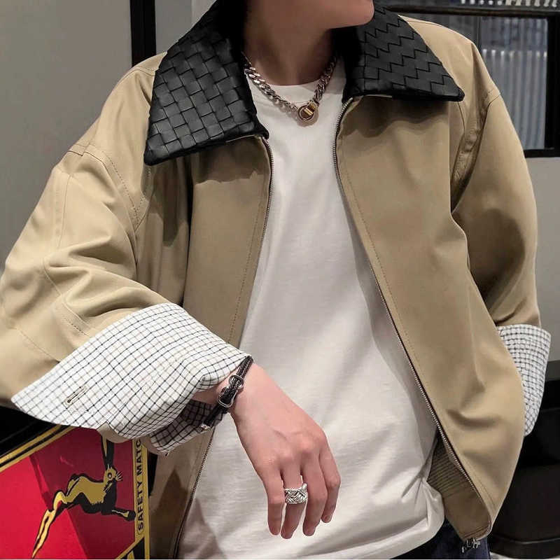 Mens Genuine Leather Jacket Patchwork Design Woven Lapel Long Sleeve Color Block Elegant Commuter Style L251013