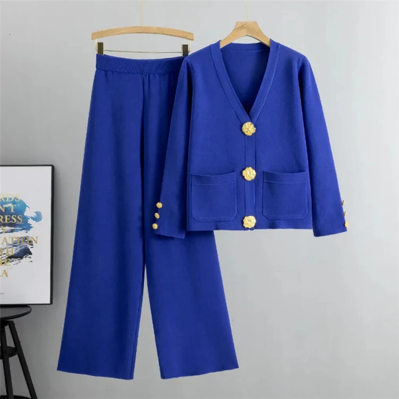 Fall Winter Womens Knit Sweater Sets Large Gold Button V-neck Cardigan Coats Conjunto High Waist Baggy 95cm Wide Leg Pants Suit 250714