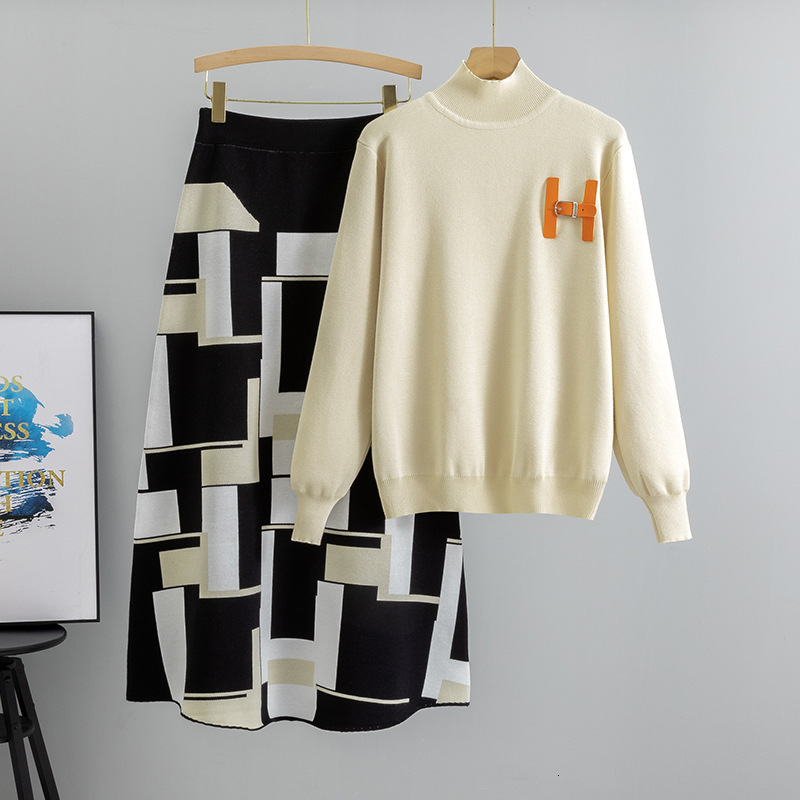 Color-Block Sweater and Skirt Set for Women Autumn Winter Knitted Top Two-Piece Set 250718