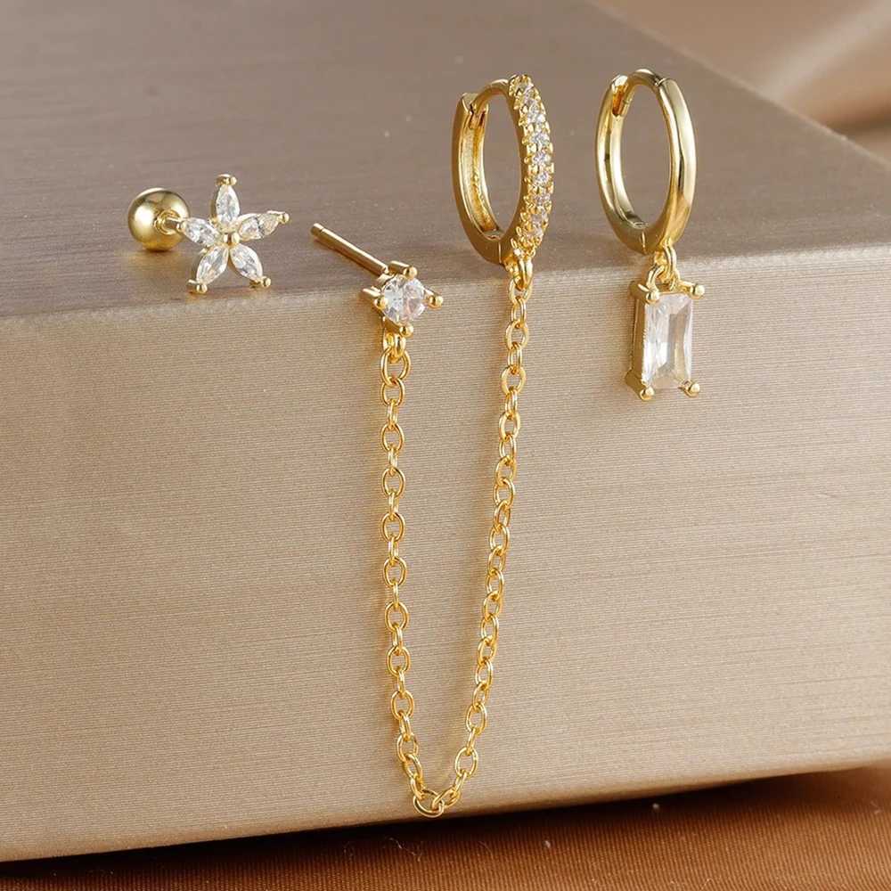 3PCS Gold Plated Lightning Flower Chain Drop Earrings Set for Women Stainless Steel Zircon Dangle Earring Piercing Jewelry X250718
