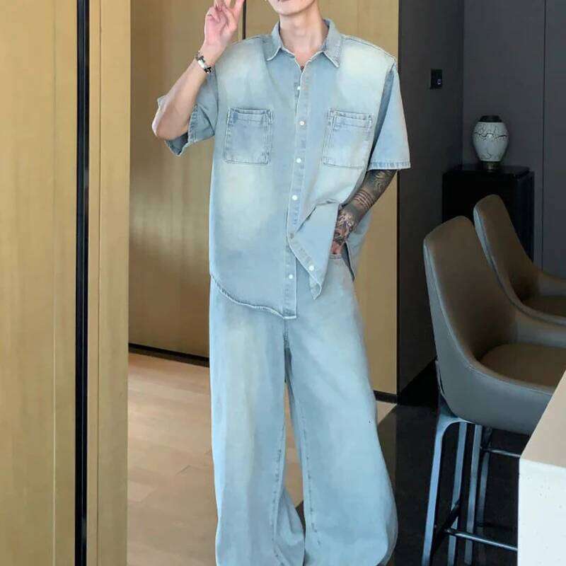 American Niche Old Washed Shoulder Pad Shirt Men's Korean Style Lapel Short-sleeved Denim Suit Straight Pants Single Piece/suit