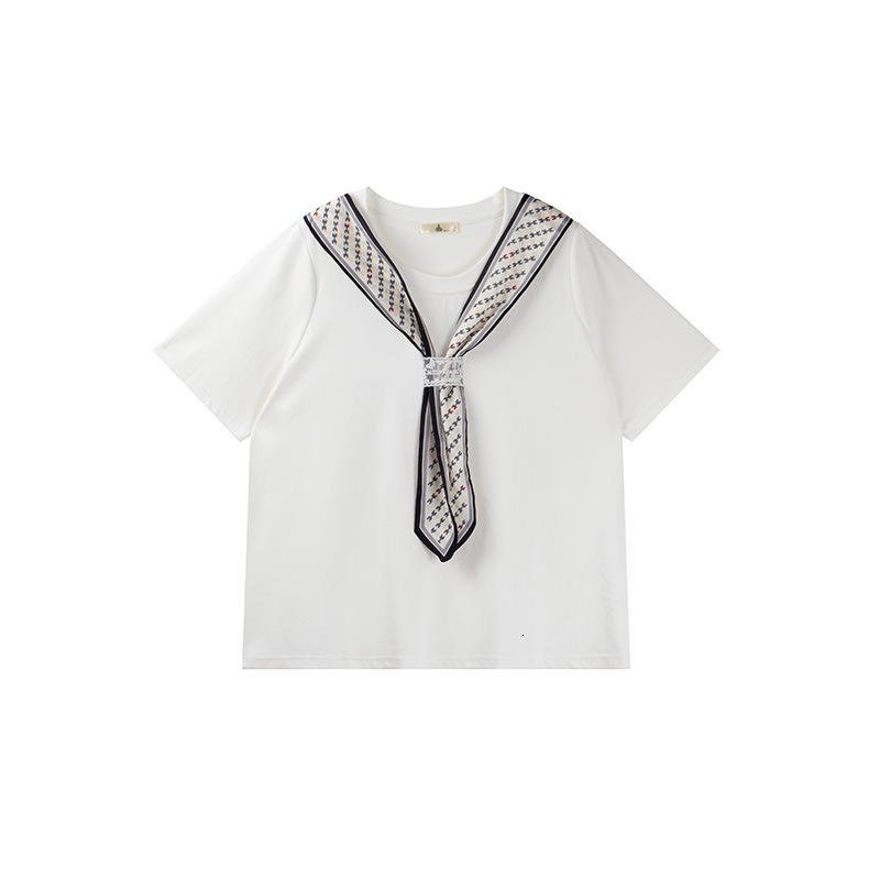 Shuangtian Plus Size Women's Clothing 2025 Summer New Fashion Tie Patchwork Round Neck T-Shirt 8980