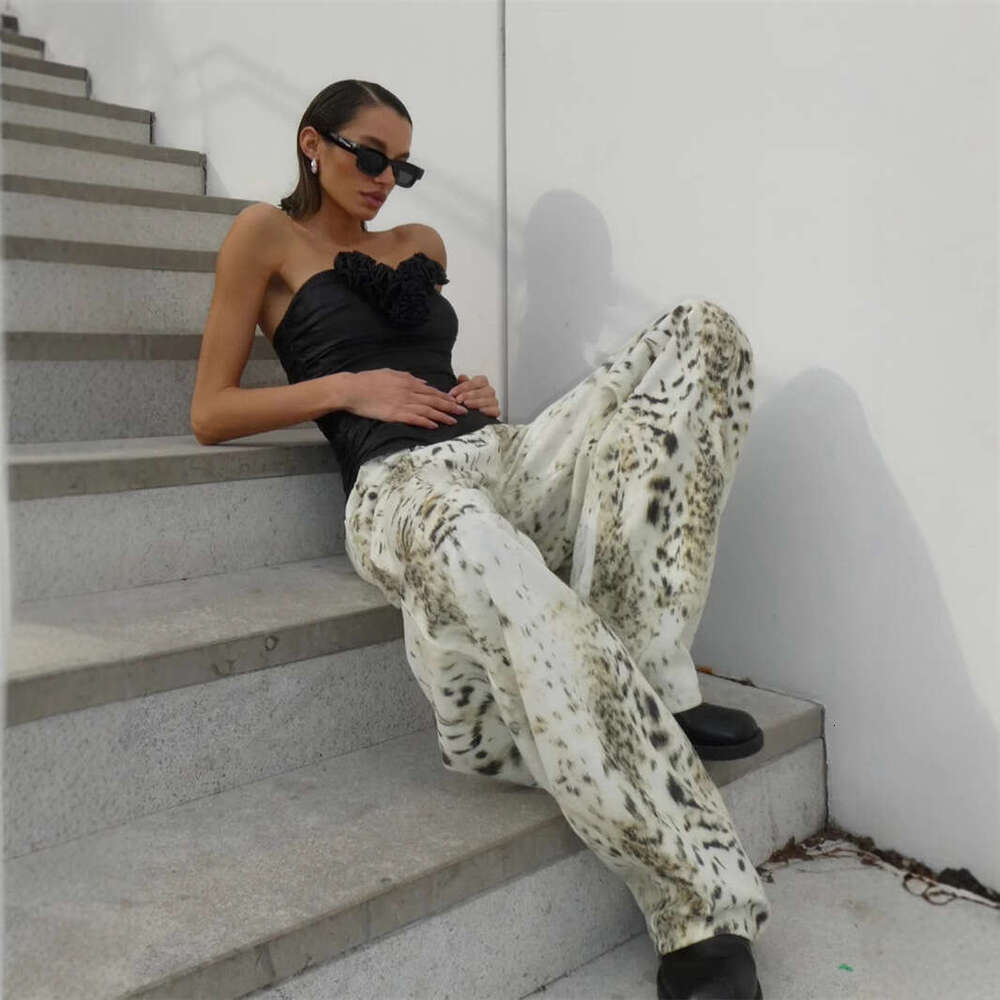 American Style Washed Leopard Print Jeans For Women Street Fashion Wide Leg Floor-Length Loose Casual Pants B5