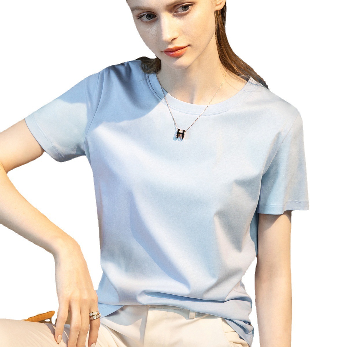 High-Count Mercerized Modal Short Sleeve White Summer Women's Loose Round Neck Cotton T-Shirt