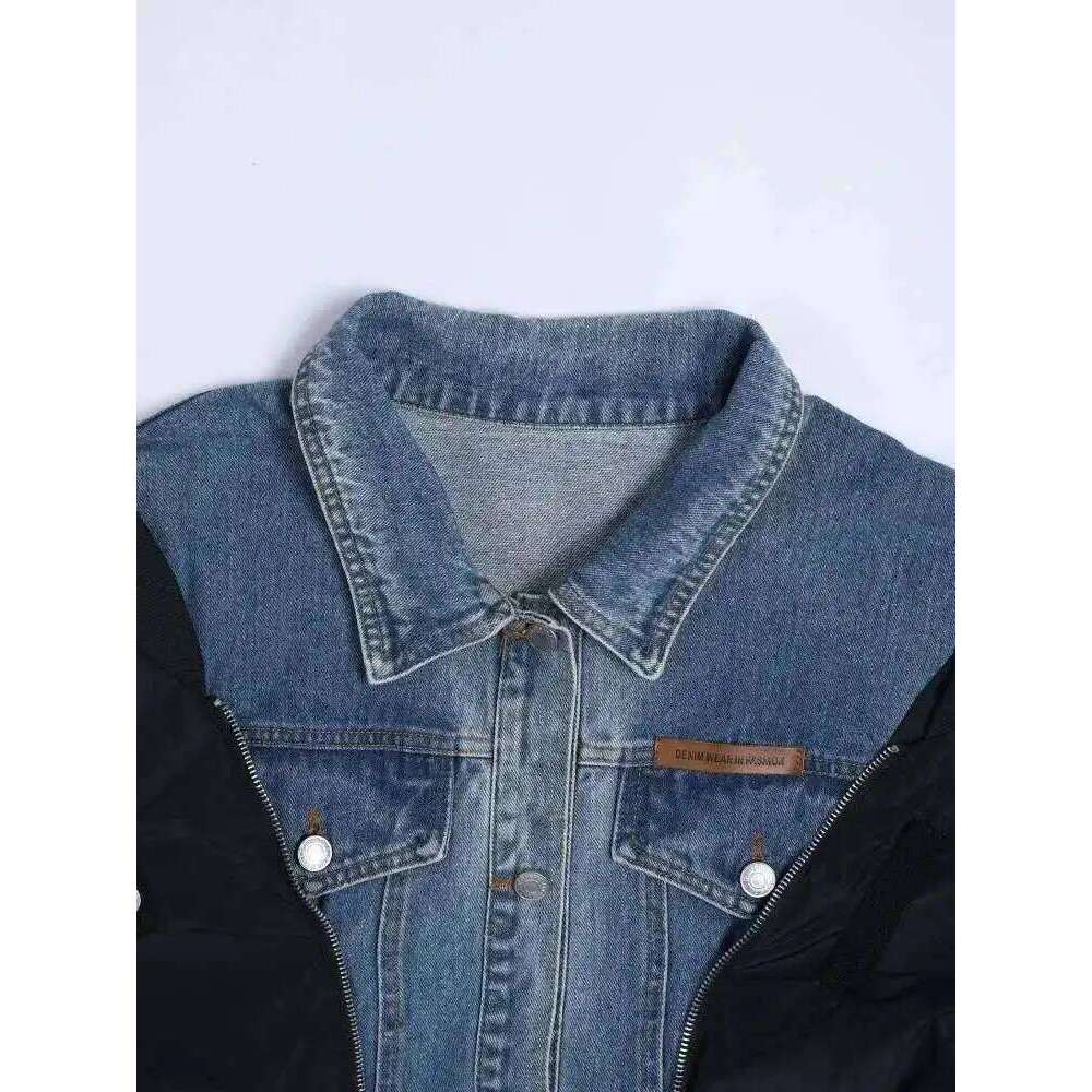 EAM Blue Denim Color-Block Jacket Loose Fit Big Size New Lapel Long Sleeve Women Coat Fashion Spring Autumn 2025 1Df151905