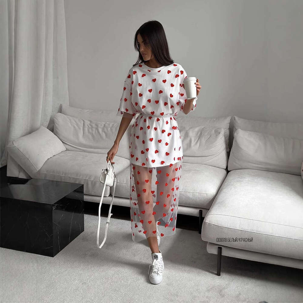 New Style Sexy Women's Long Heart Mesh Patchwork Loose Short Sleeve T-Shirt Dress B5