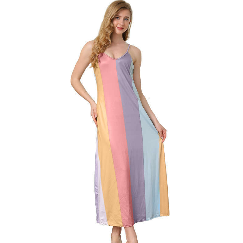 Women's Colorful Fabric Patchwork Round Neck Sweet Fresh Girl Style Long Dress Macaron B5