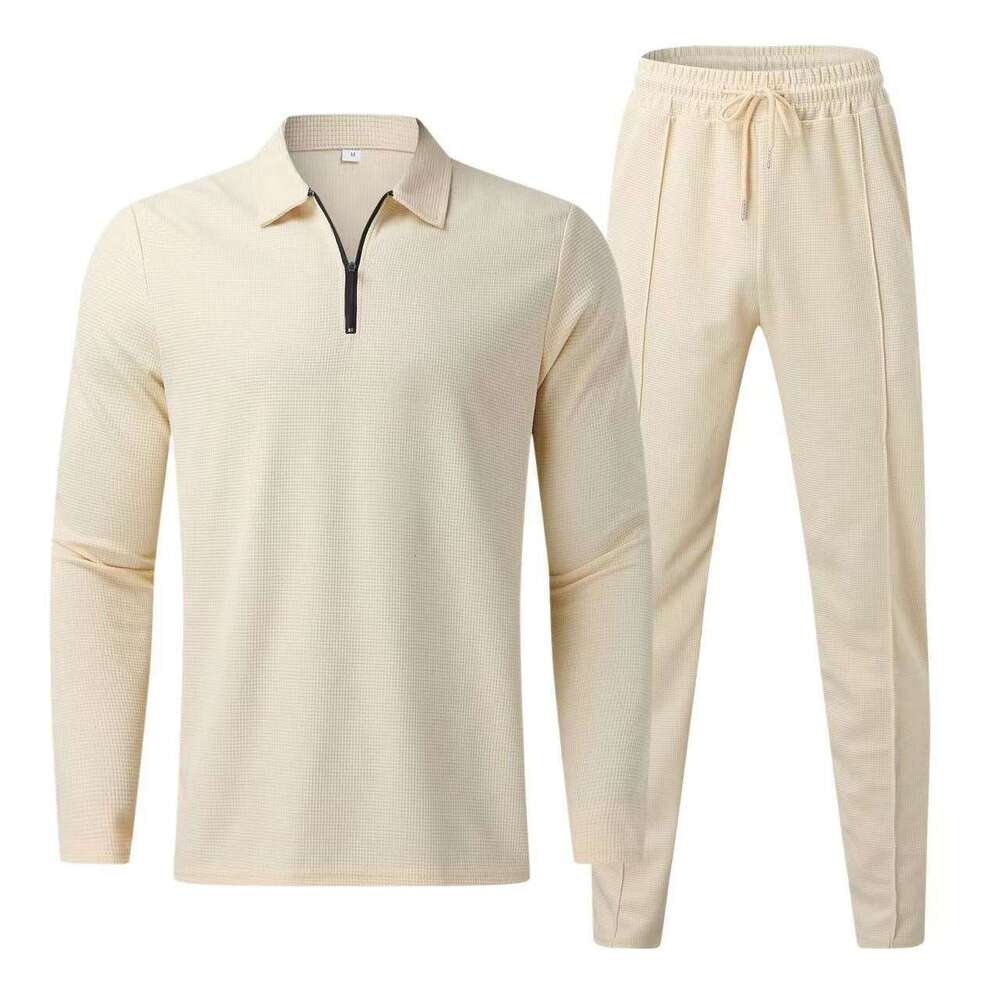 European Size POLO Lapel Zipper Sleeve Long Pants Two-Piece Sports Casual Men's Set B5