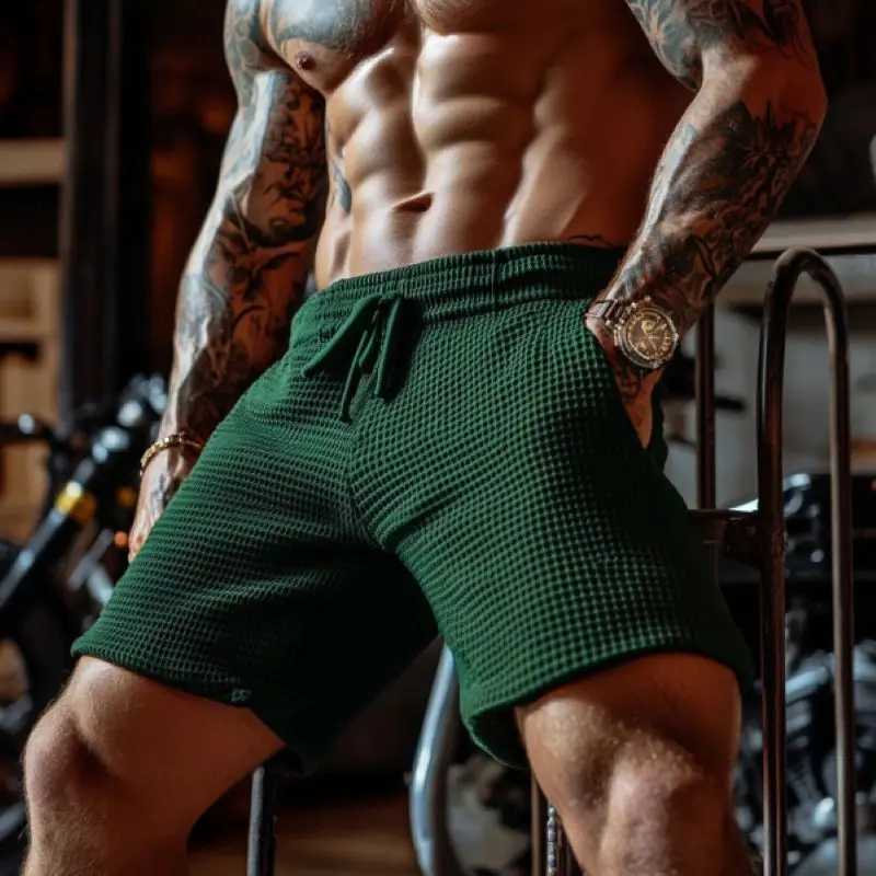 Mens Oversized Stretch Waffle Athletic Fitness Shorts Casual Comfort Daily Basic Elastic Waist Lace-Up Shorts W250718