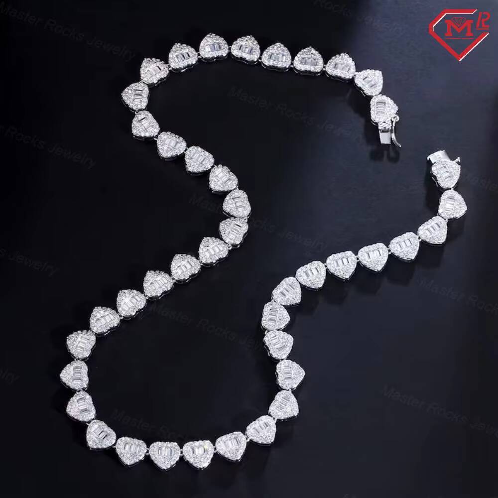 Full Iced Out Tennis Chain Heart Shape Cluster Baguette Hiphop 925 Silver Moissanite Tennis Chain