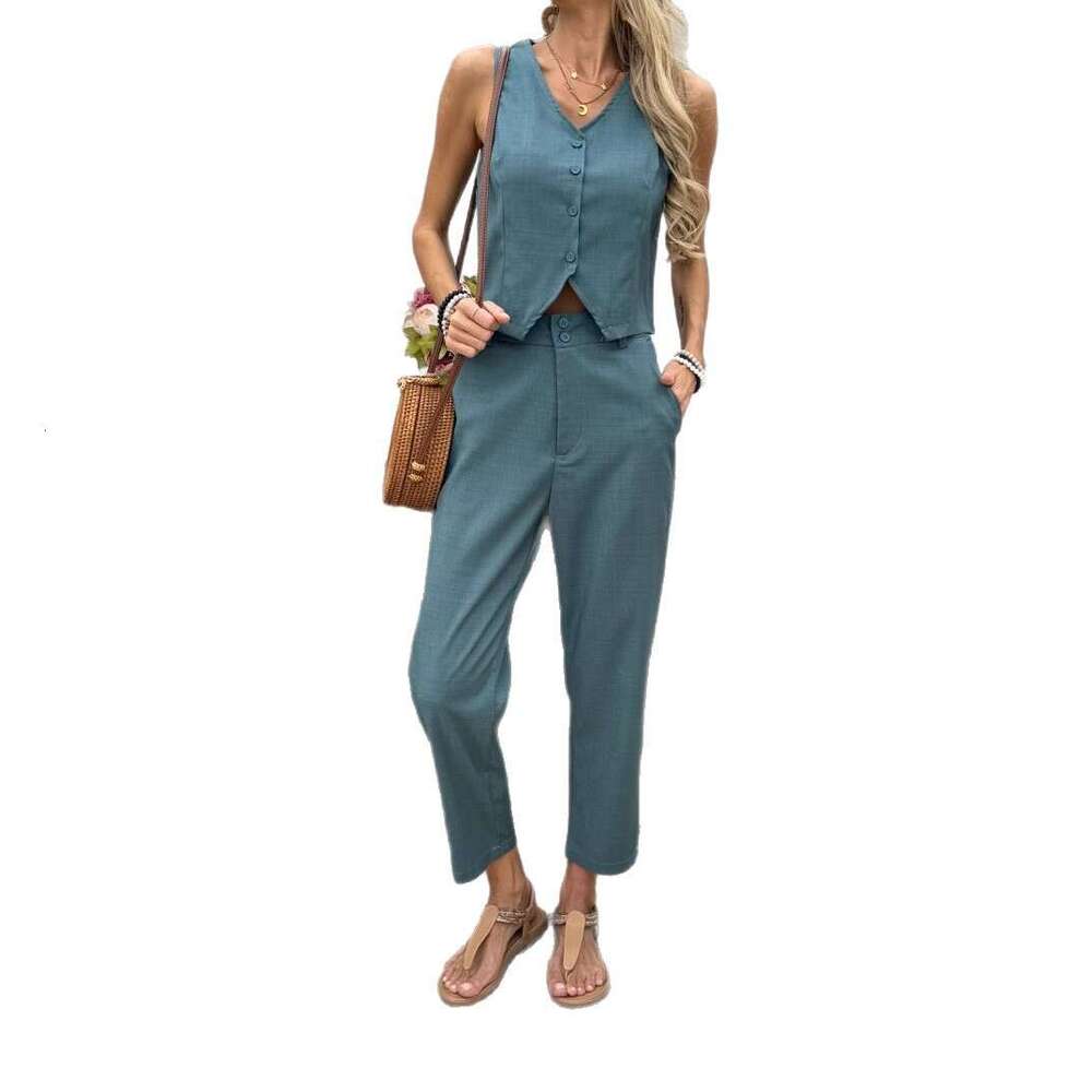 Summer Women's Clothing Spring New V-Neck Sleeveless Vest And Dress Pants Casual Set B5