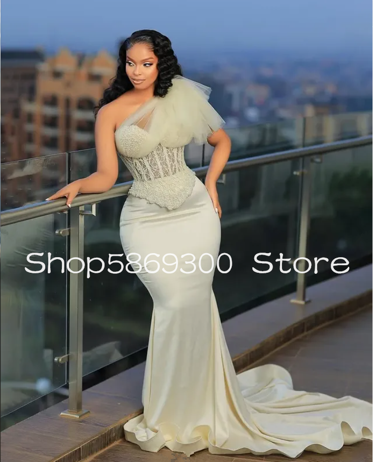 Luxury One-shoulder Long Mermaid Evening Formal Dresses Pearls Lace Ruffles Aso Ebi Prom Gala Gown Outfit Customsized