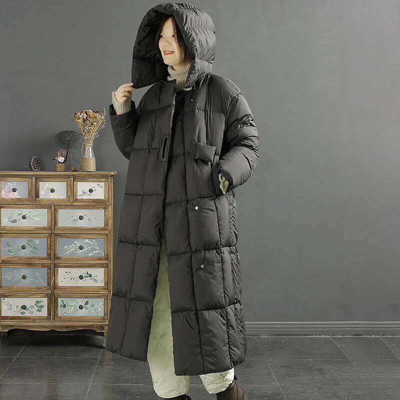 Schinteon Women Down Jacket Casual Loose Over Size Autumn Winter Warm Thick Long Outwear With Removable Hood Solid Color Coat MDNG