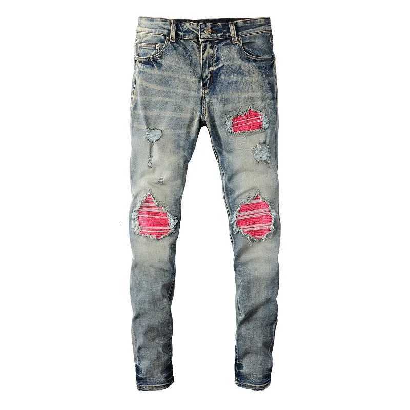 Mens Cracked Patch Biker Jeans Streetwear Pleated Patchwork Stretch Denim Pants Holes Ripped Distressed Skinny Tapered Trousers X250718