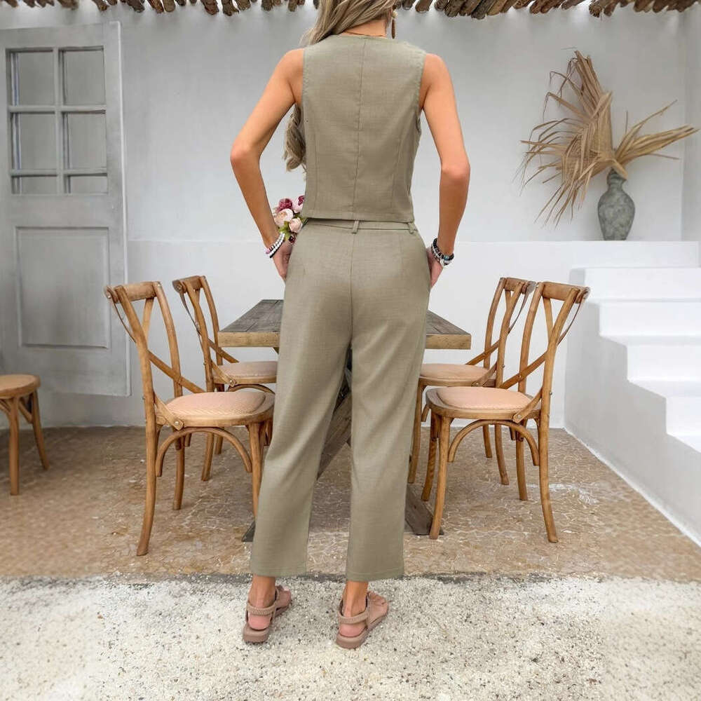 Summer Women's Clothing Spring New V-Neck Sleeveless Vest And Dress Pants Casual Set B5