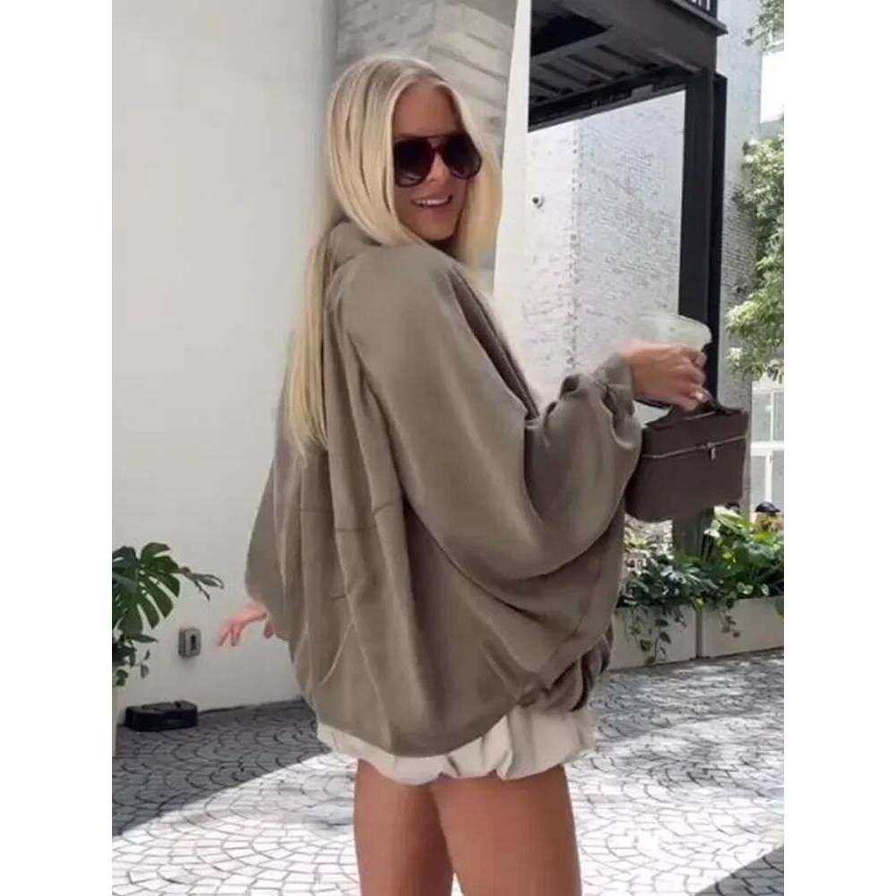 Women Fashion Green Pleated Short Bomber Jacket Casual Loose Lantern Sleeve Zipper Coat Spring New High Street Outwear