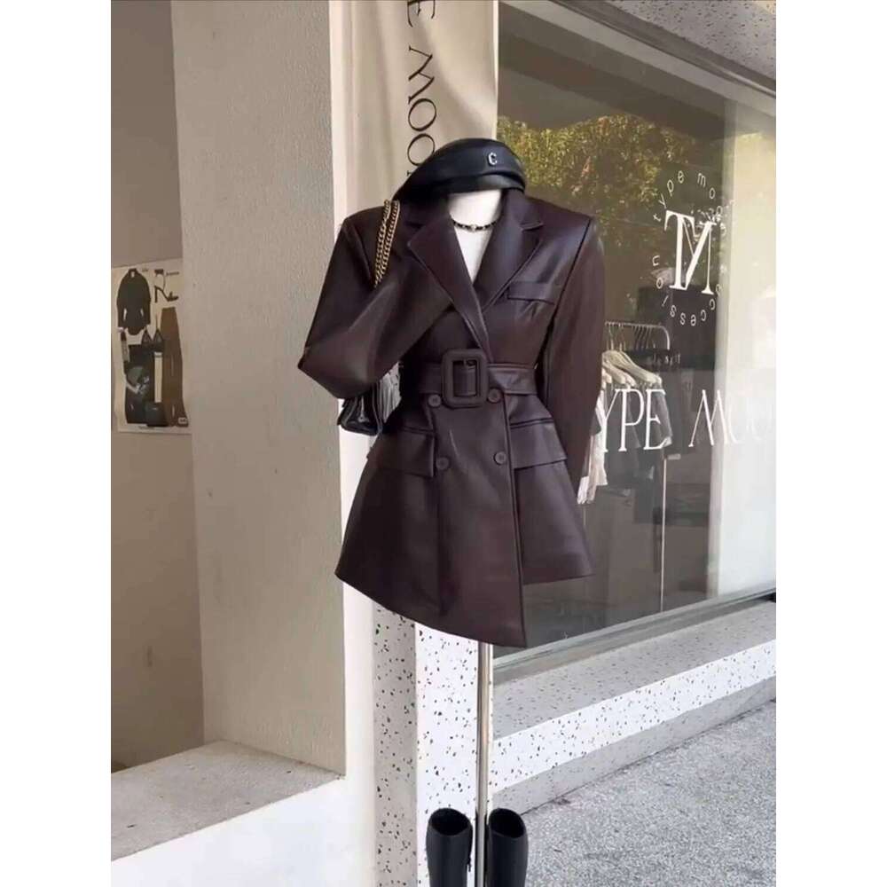 Coffee Color Retro Leather Jacket Clothing Autumn New High End Waist Cinched Slimmimg Mid Length Suit Coat For Women