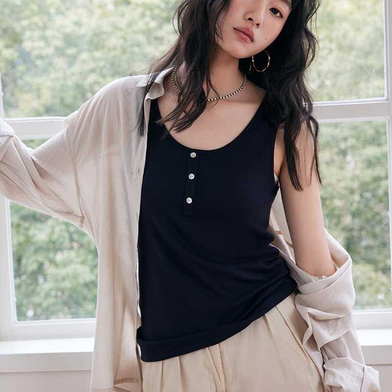 Spring Summer Solid Color Lyocell Camisole for Women 2025 New Tencel Linen Button Vest Skin-Friendly Inner Layer Base Shirt 240516