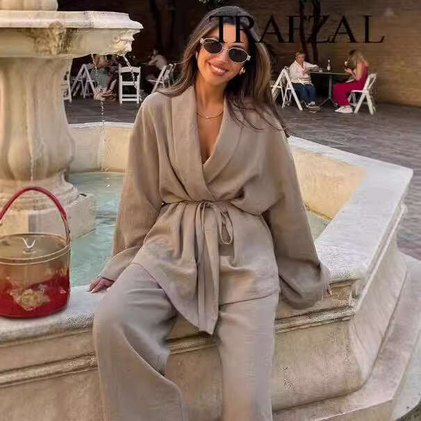 TRAFZA New Women's American Kimono Style Outerwear Casual Fashion Long Pants Set B5