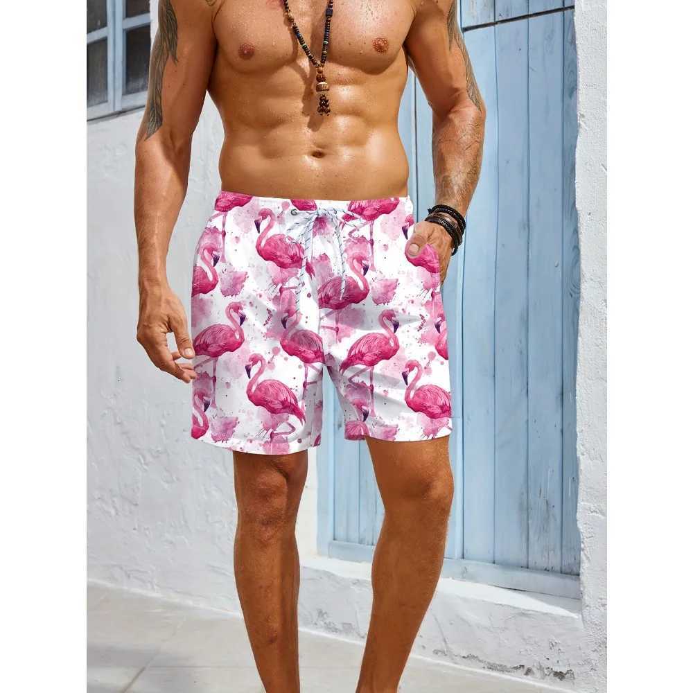 Mens Casual Beach Shorts - Quick-Dry Drawstring Waist with Pockets Flamingo Print Summer Vacations Outdoor Activities W250718