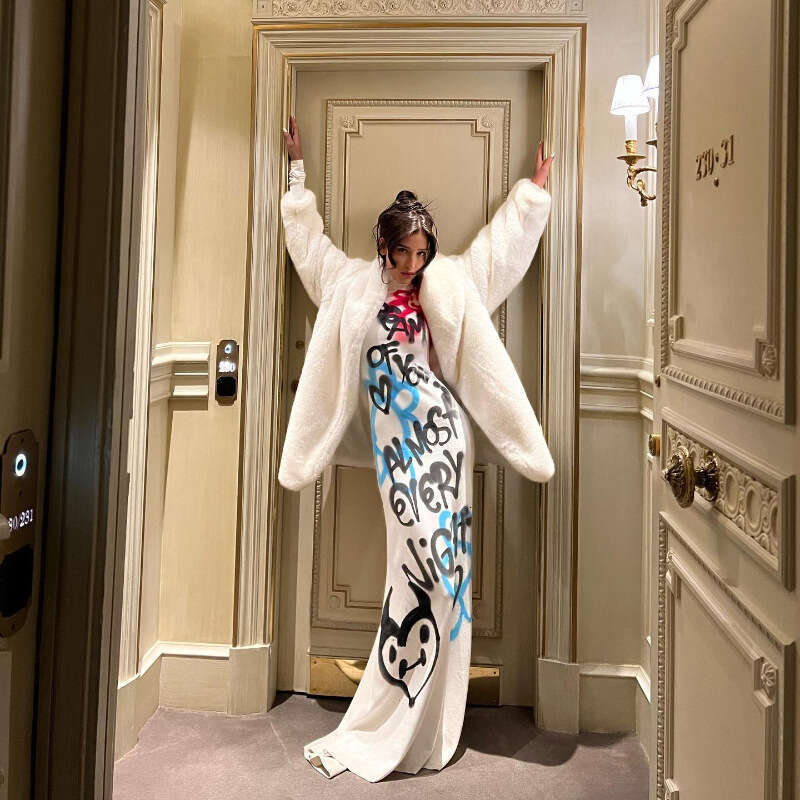 Summer Women's New Fashion High Neck Color Block Graffiti Sleeve Bodycon Long Dress B5