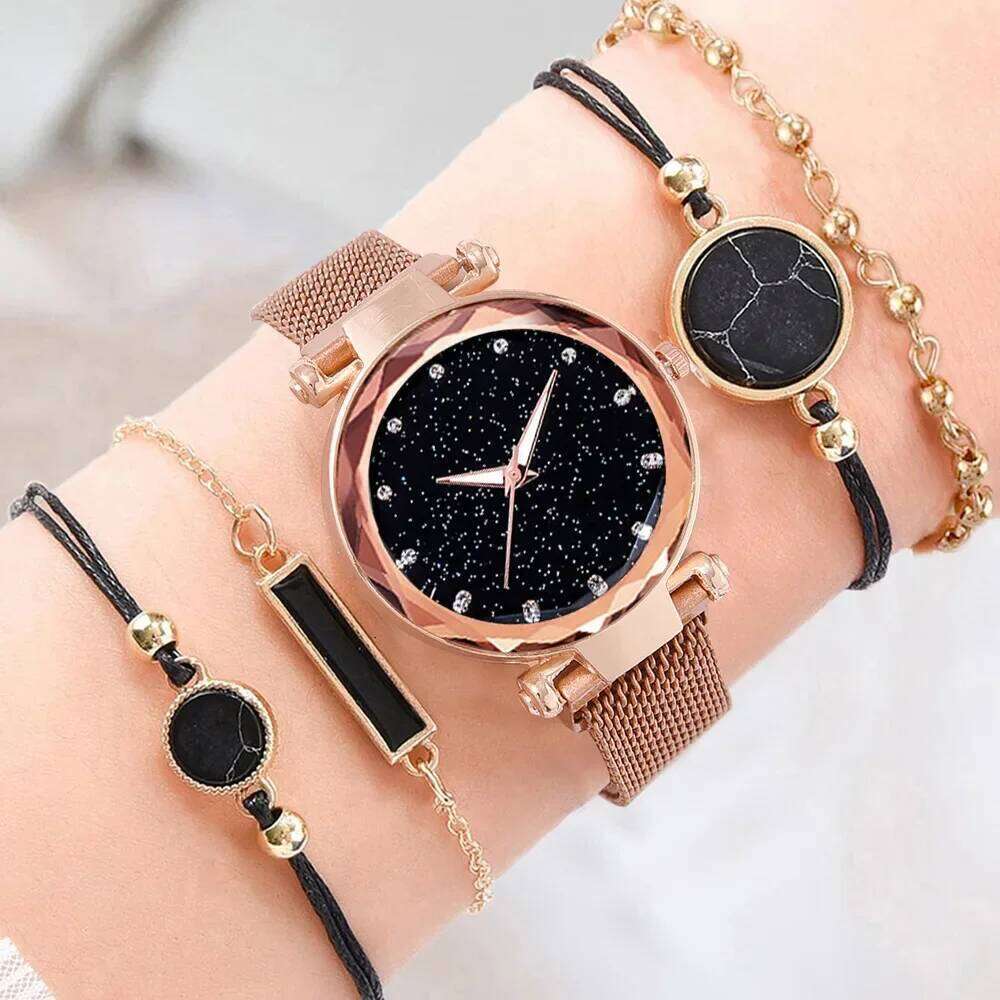 free shipping 5pcs Fashion Starry Sky Watches Magnet Buckle Mesh Belt Dia Quartz Watch Women Dress Clock Wristwatches for Girl Gift
