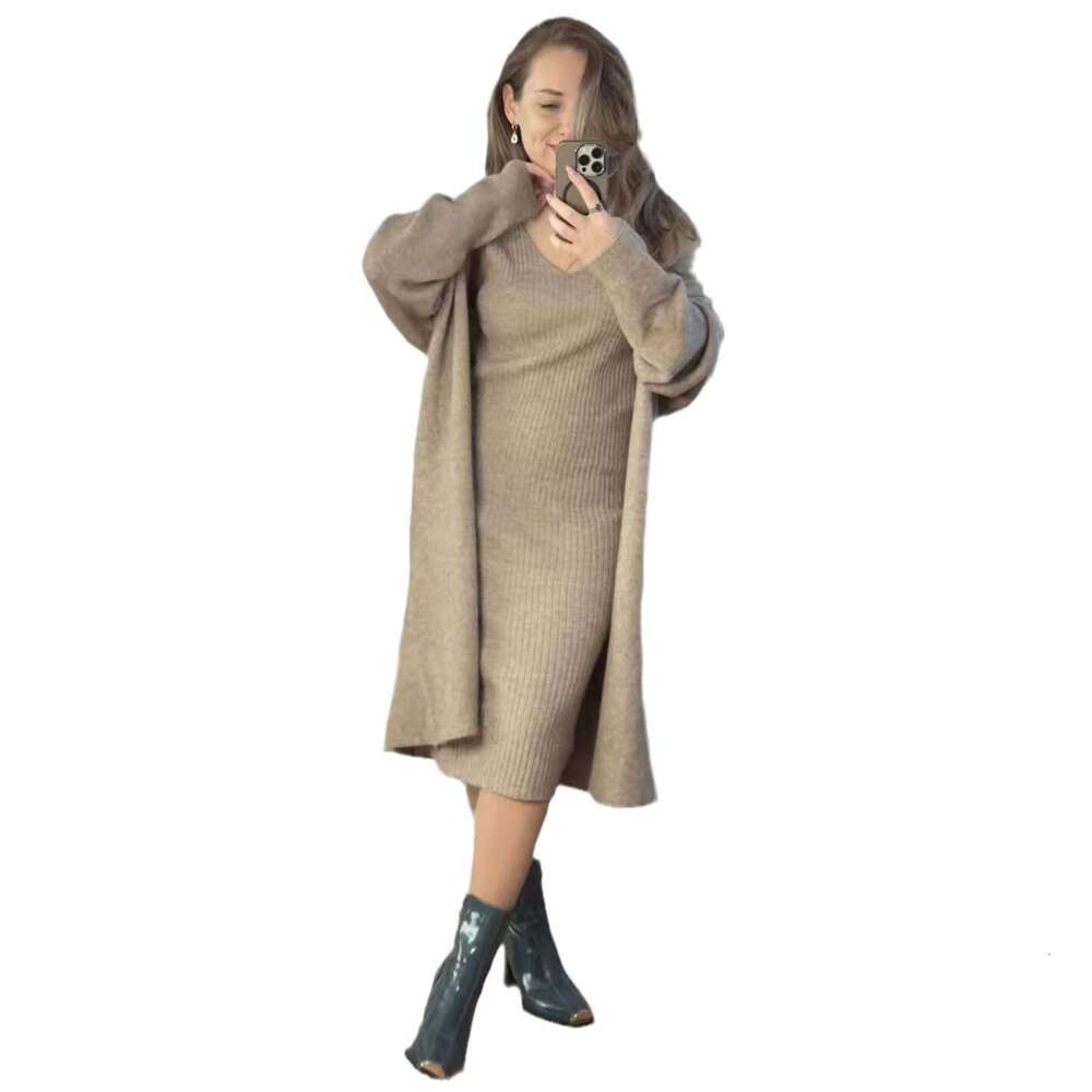 New Solid Color V-Neck Pullover Dress + Sweater Cardigan Elegant Knitted Set B5