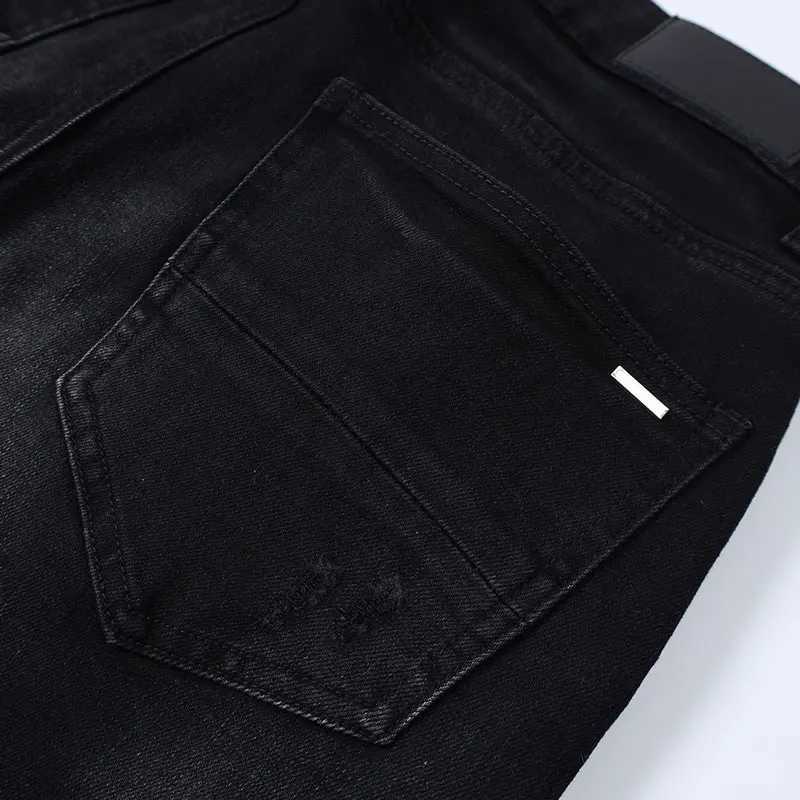 Designer Street Fashion Mens Jeans Washed Elastic Slim Fit Perforated Cashew Flower Patch Black Denim High Street Pants H X2507181