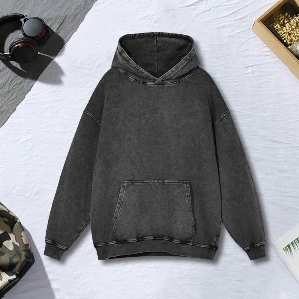 Fall Spring Unisex Hoodie Big Pocket Hooded Loose Distressed Washed Elastic Cuffs And Hem Sloping Shoulder Solid Color Loose Sportswear XJ250717