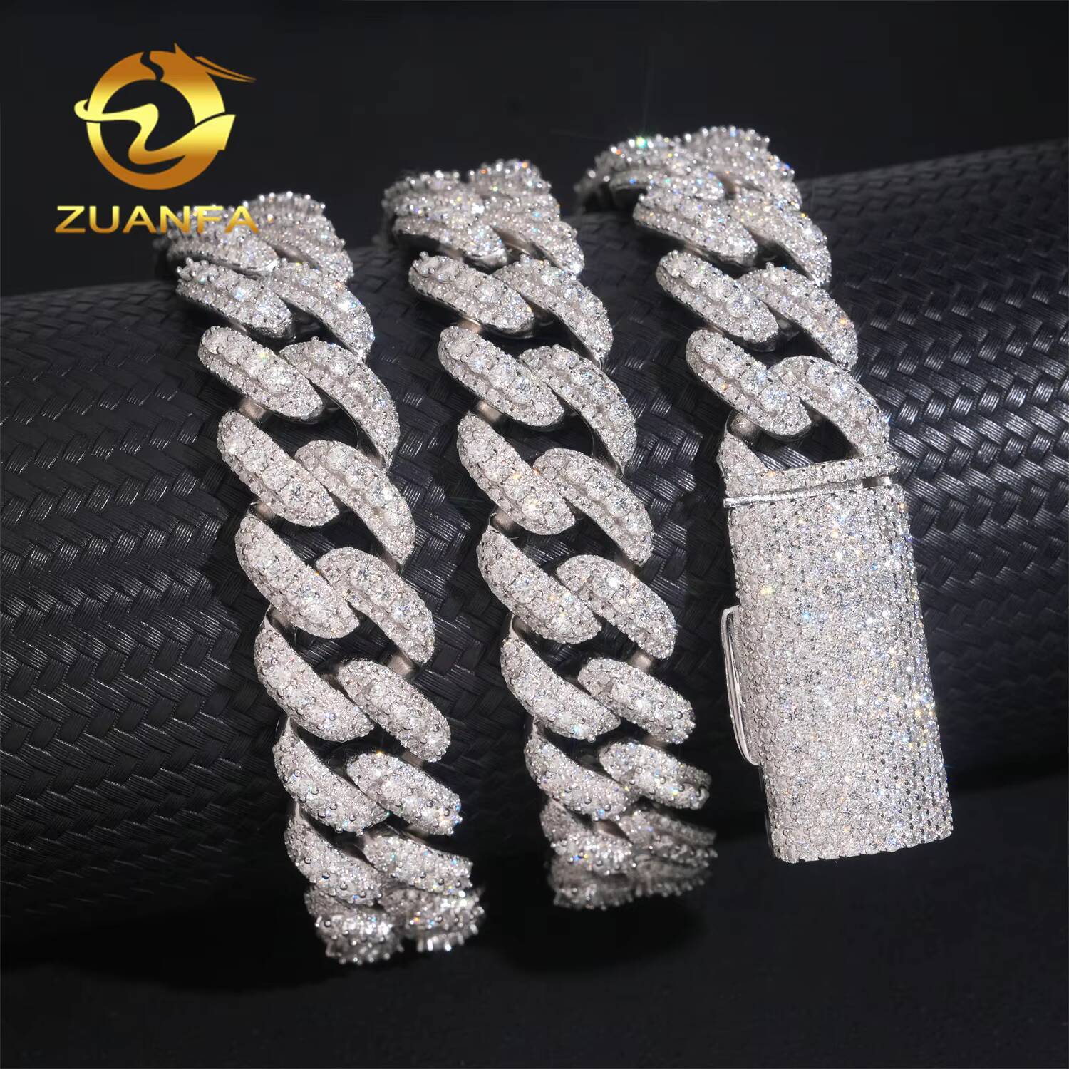 Wuzhou Zuanfa Cuban Chain Expert Direct Sale PROMOTION 15mm Cuban Links Moissanite Chain Moon Shape 3 Row Pass Diamond Tester