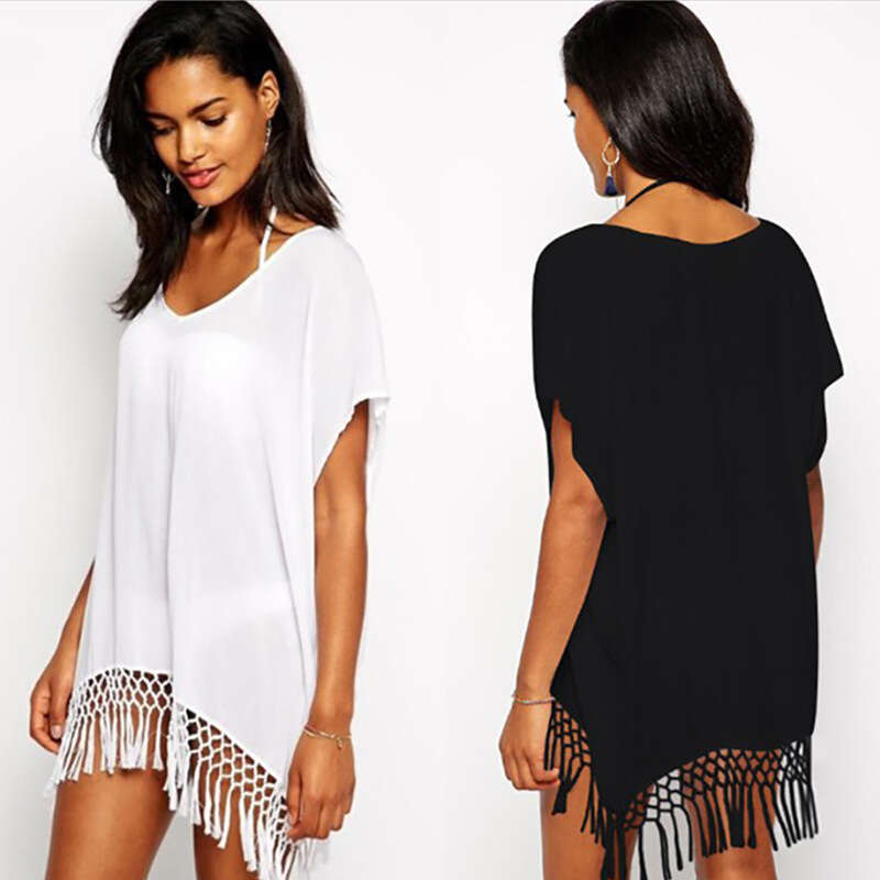 Fashion Women's Solid Color Tassel Knot Batwing Sleeve Loose Sunscreen Sexy Beach Cover-Up Dress B5