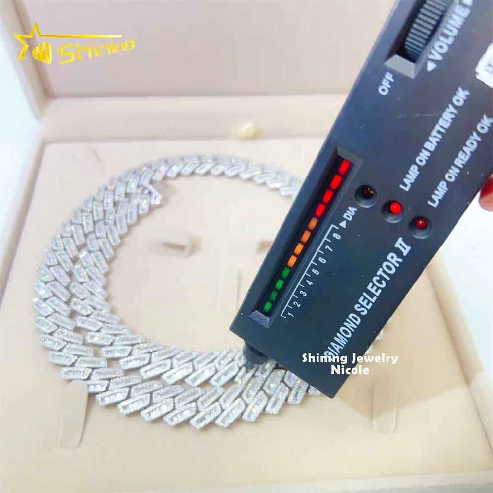 Fine Jewelry High Quality Bling 925 Silver 15mm Hip Hop Miami Iced Out Vvs Moissanite baguette Cuban Link Chain