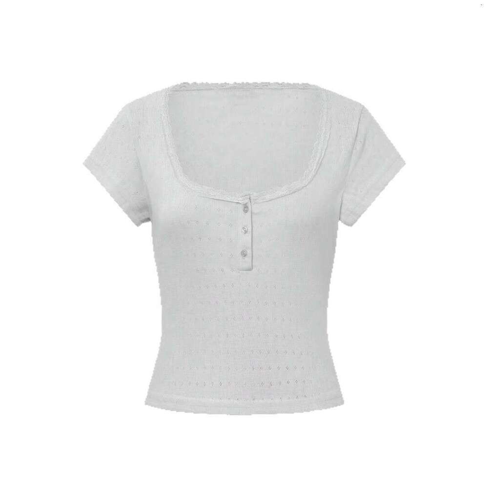 French Style Casual Pure Desire Lace Trim U-Neck Button T-Shirt For Women, Waist-Cinching Sweet Temperament Regular Shoulder Versatile Short Top B5 g7