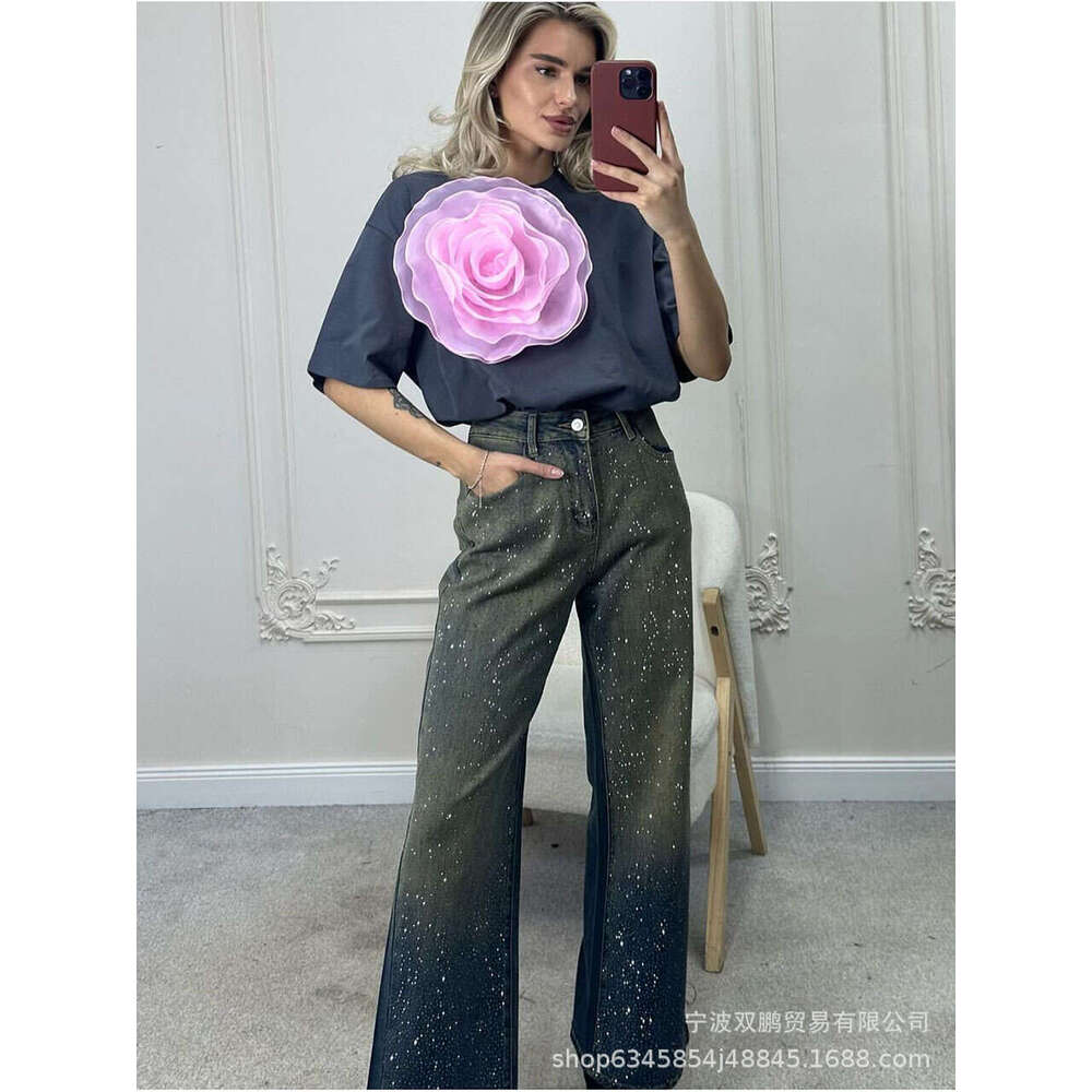 Ins Style Loose T-Shirt For Women With 3D Mesh Camellia Pure Cotton Short Sleeve Top B5