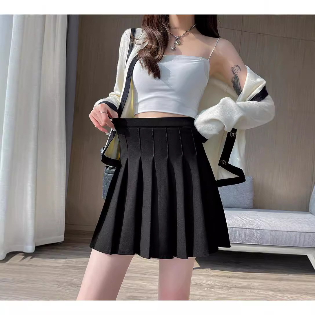 Pleated with Pockets Summer Petite Elastic High Waist Stretch Short for Women Plus Size Slimming Black Midi Skirt