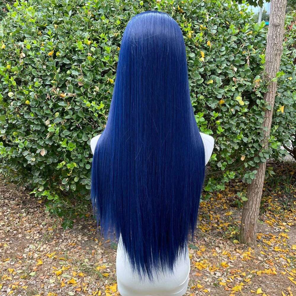Dark Blue 13X4 Synthetic Front For Women 26 Inch Long Sliky Straight Lace Wigs Half Hand Tied 150% Density Glueless