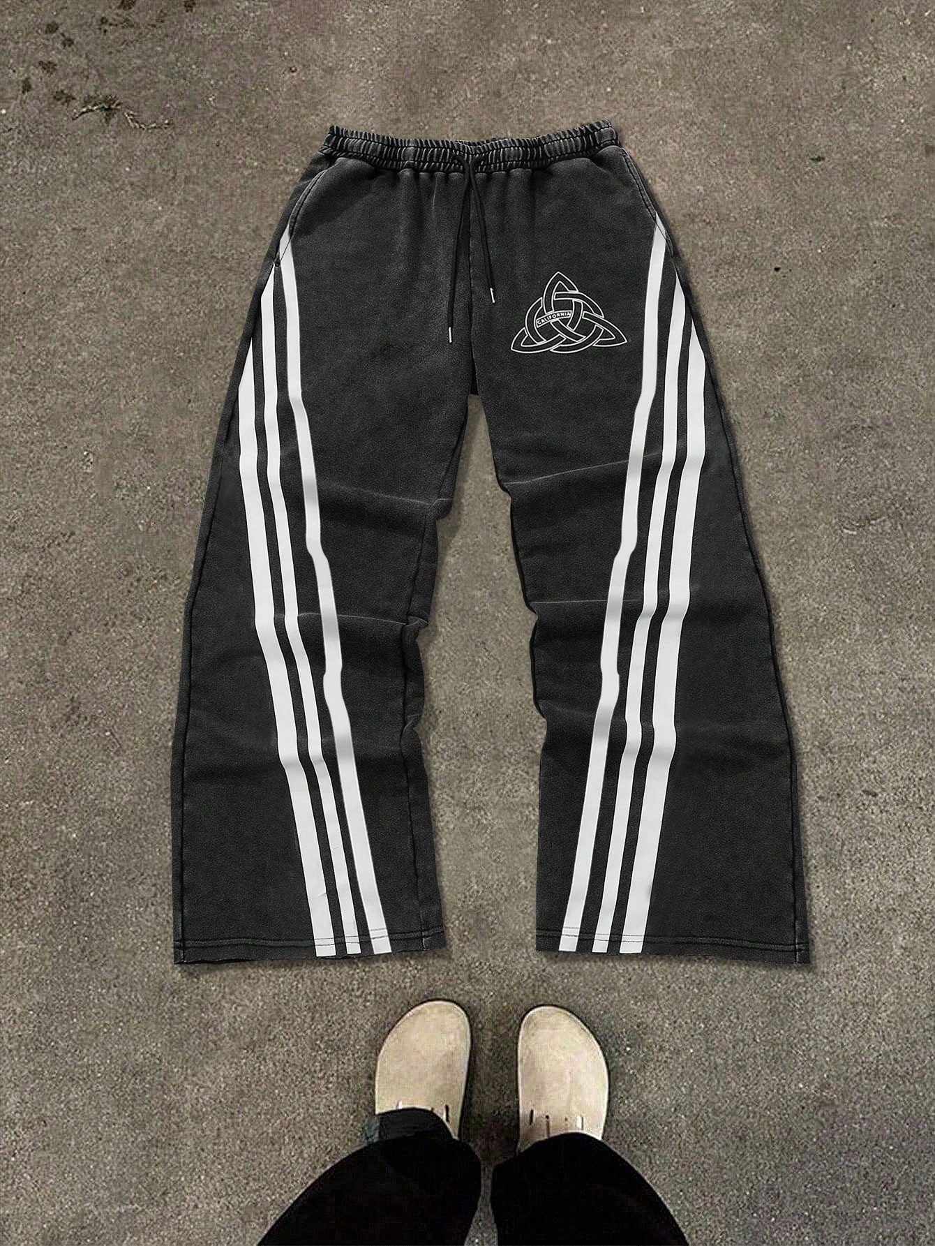 Streetrush Cotton Men's pants Plain Color Patchwork Front Drawstring Pocket Casual Sweat pants Drawstring Waist Printed Wide Leg Fashion Sweatpan
